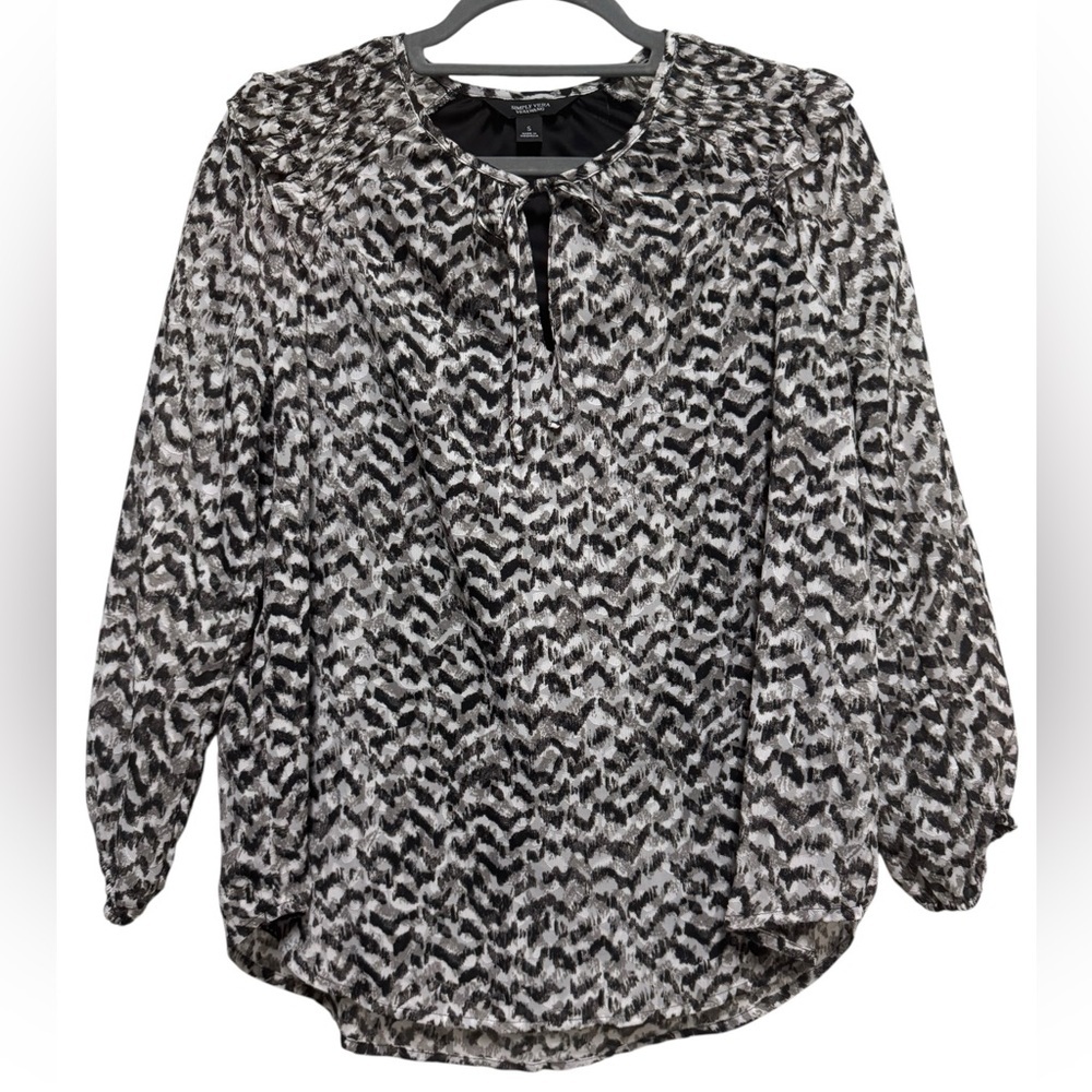 Simply Vera Vera Wang Black and White Printed Tie-Neck Blouse Suze Small